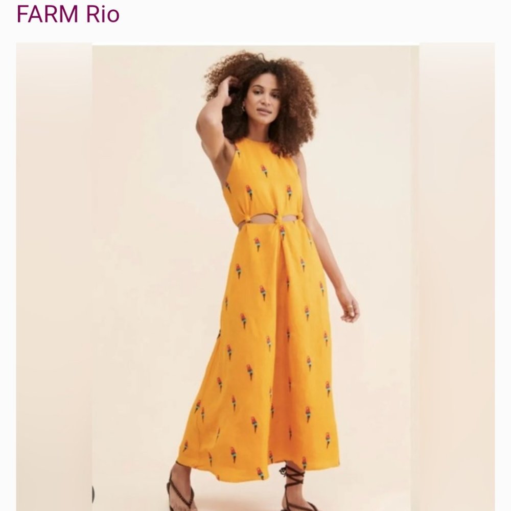 Anthropologie Farm Rio Orange Parrot Cutout Sleeveless Maxi Dress Size L